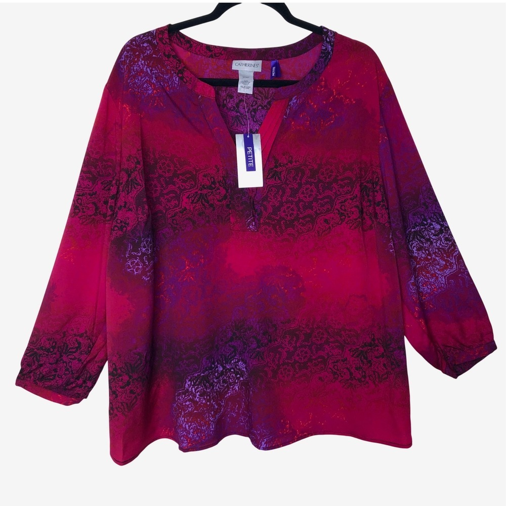 NWT Catherines 2XWP Petite Blouse Top Pink‎ Purple V Neck Longs-sleeve Womens